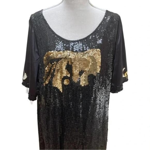 Vintage Black Sequin Elephant Dress – 80s/90s Batwing Midi Kaftan, Gold Sequin - Picture 8 of 9
